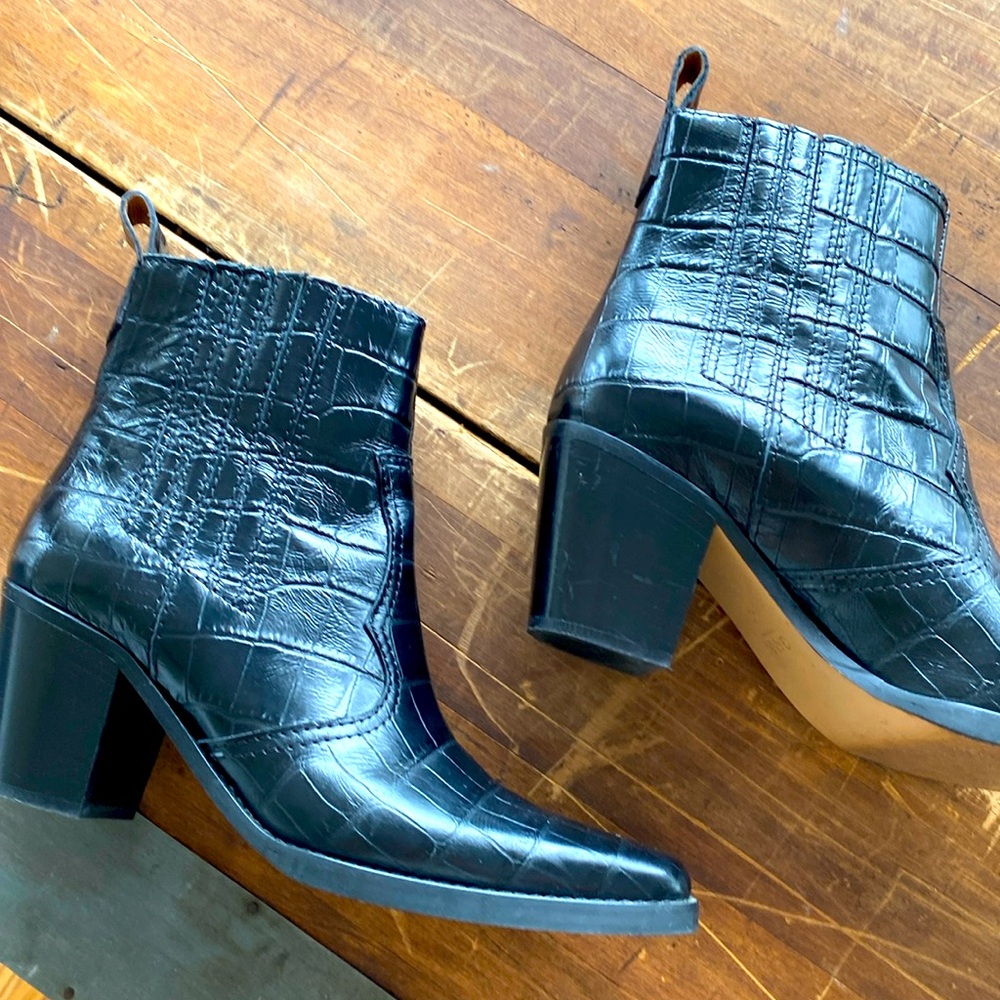 Ganni black croc boots. Slip on. Only worn twice. Slight western feel. Luxe.